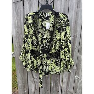 Tropical Lace Trim‎ Cato Ruffle Sleeve Wrap Top Womens Large Lime Green Black